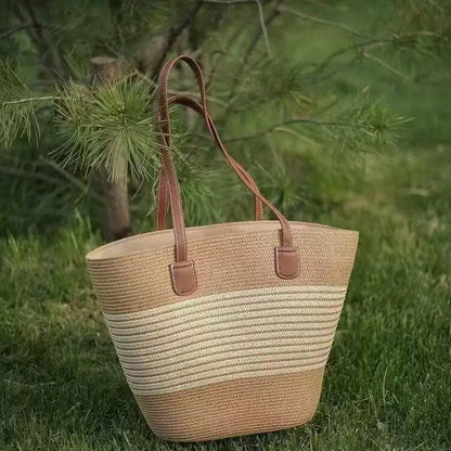 Large Capacity Woven Straw Bag Spring Casual Style Beach Shoulder Polyester Lining Zipper Closure