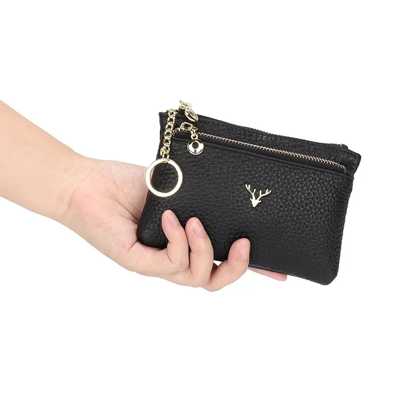 Cowhide Mini Coin Purse Multi-Function Key Bag Stylish Leather Premium Hardware Deer Head Zipper