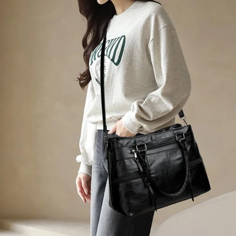 Leather Tote Bag for Women – Multi-Pocket Shoulder & Crossbody Handbag