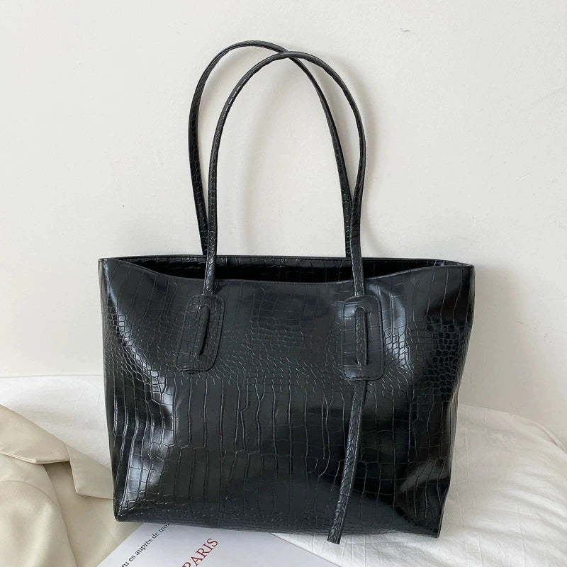 Large Capacity Tote Bag for Women – Croc-Embossed Shoulder Handbag