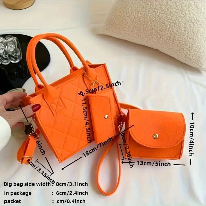3-Piece Women's Quilted Felt Handbag Set with Crossbody & Mini Bag