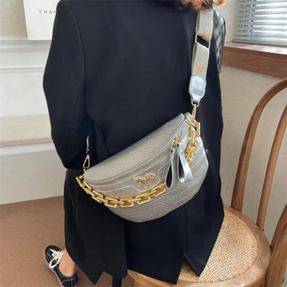 Crocodile Pattern PU Leather Crossbody Bag with Gold Chain Strap