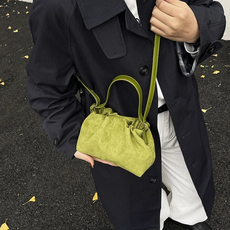 Suede Ruched Mini Bucket Bag with Detachable Strap