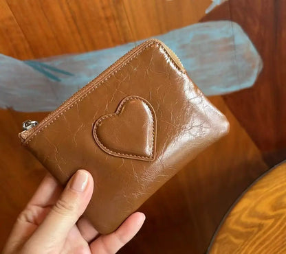 Oil-Wax Cowhide Small Lady S Heart Coin Purse Card