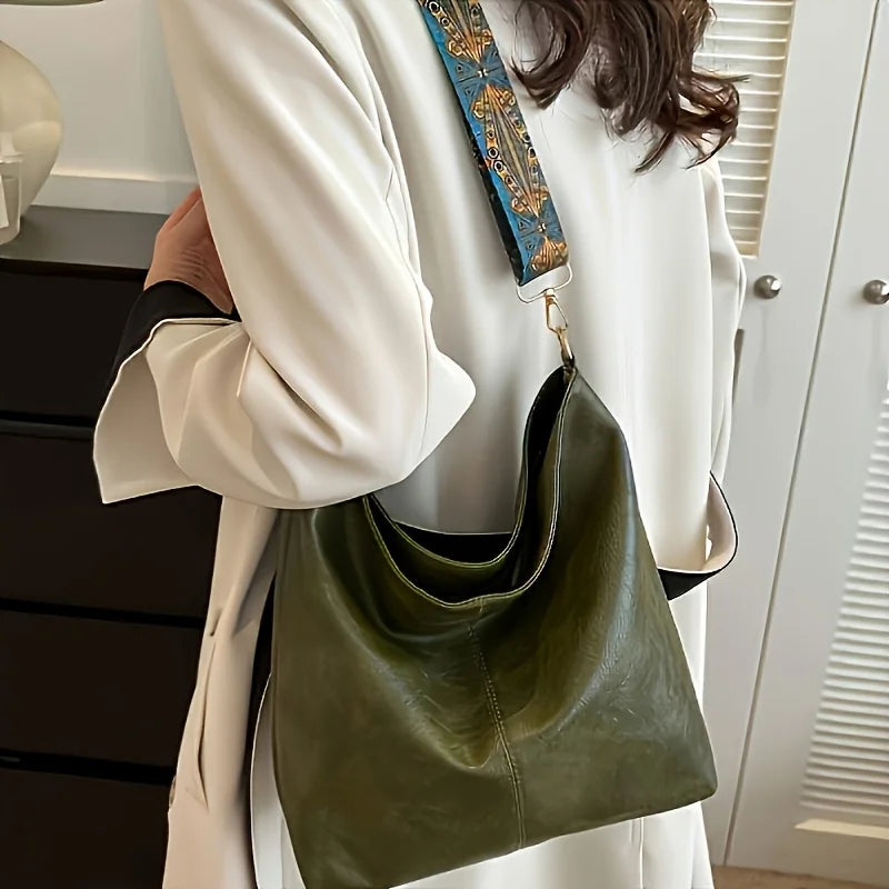 Stylish Beige Leather Tote Bag Decorative Printed Wide Strap Crossbody Bag Work Commute Large
