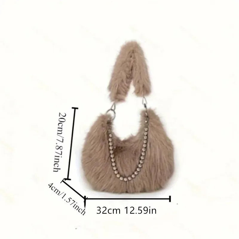 Faux Fur Tote Bag with Pearl Chain Strap – Chic Underarm Shoulder Handbag