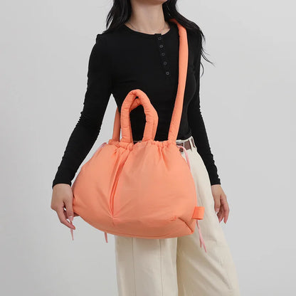 Puffy Drawstring Tote Bag – Thick Padded Dual Handle Shoulder Bag