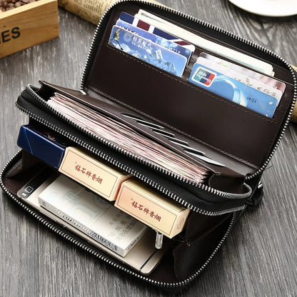 Top Layer Leather Men S Double Zipper Wallet Mobile Phone Storage Multi-Function Large Capacity Hand