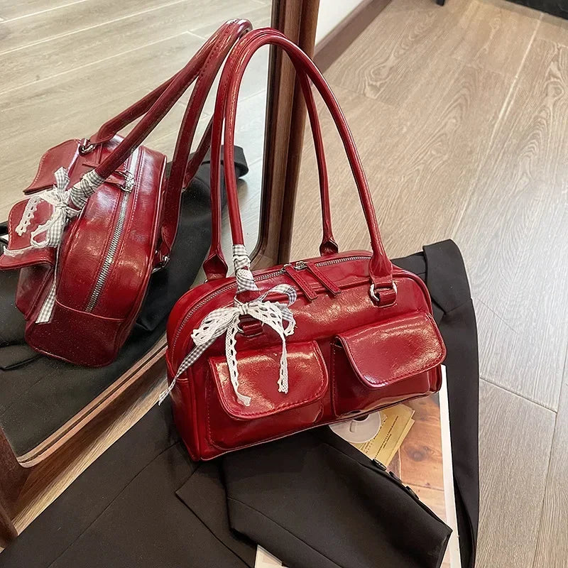 Solid Sewing Thread Glossy Pu Shoulder Bags Versatile Hand Women Bolsas Femininas