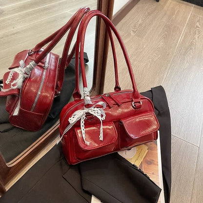 Solid Sewing Thread Glossy Pu Shoulder Bags Versatile Hand Women Bolsas Femininas