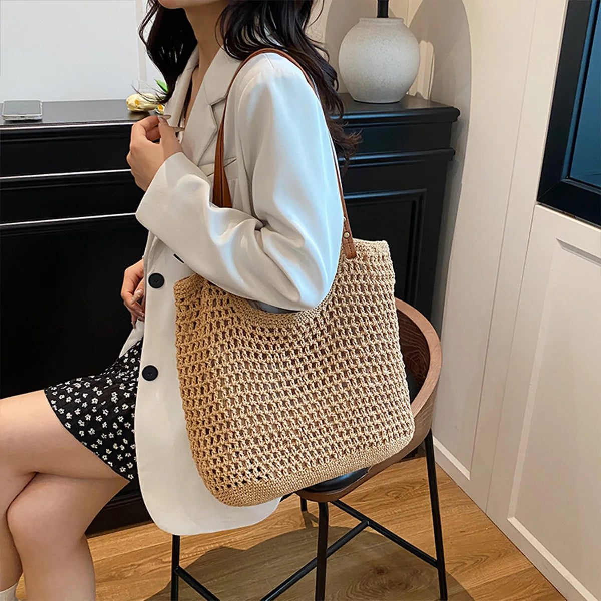 Fresh Vacation Women Tote Bag Open Weave Lightweight Soft Shoulder Large Capacity Breathable Handbag