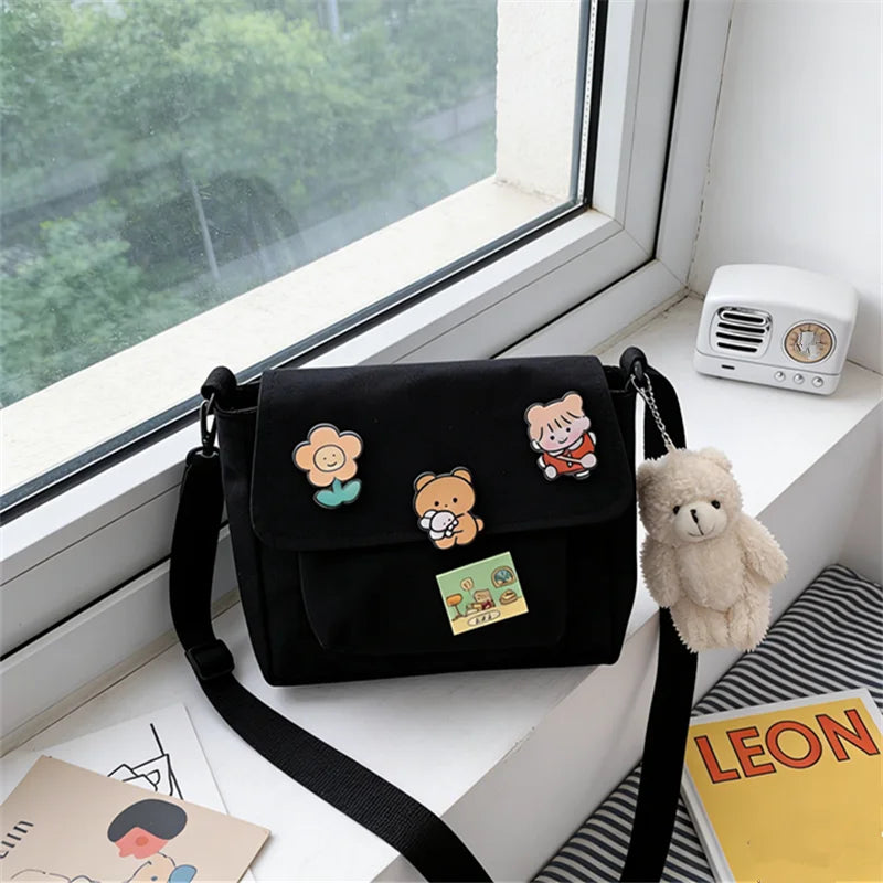 Cute Canvas Crossbody Bag with Pins – Lightweight Shoulder Bag for Women