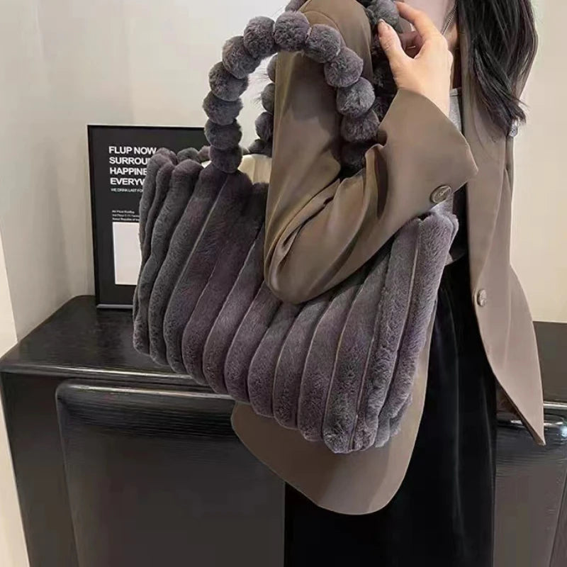 Fluffy Corduroy Shoulder Handbag for Women – Large Capacity Tote
