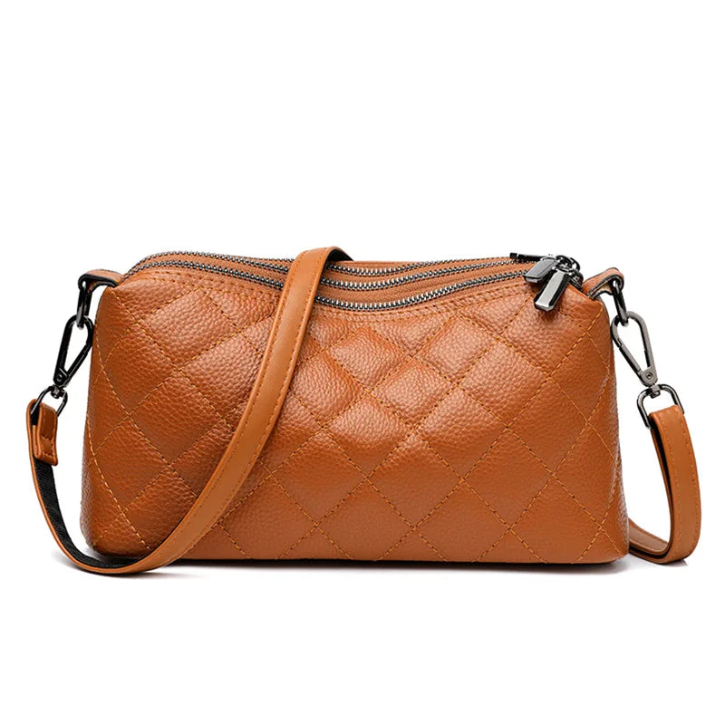 Leather Rhomb Shoulder Bag Women Simple Casual Soft Zipper Large Capacity Cowhide Crossbody - Soft
