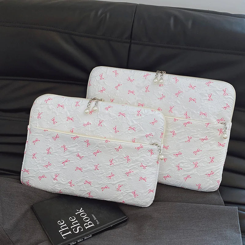 Minimalist Casual Crinkle Bow Laptop Bag Pearl Zipper Oxford Briefcase Soft Shockproof Multi-Size