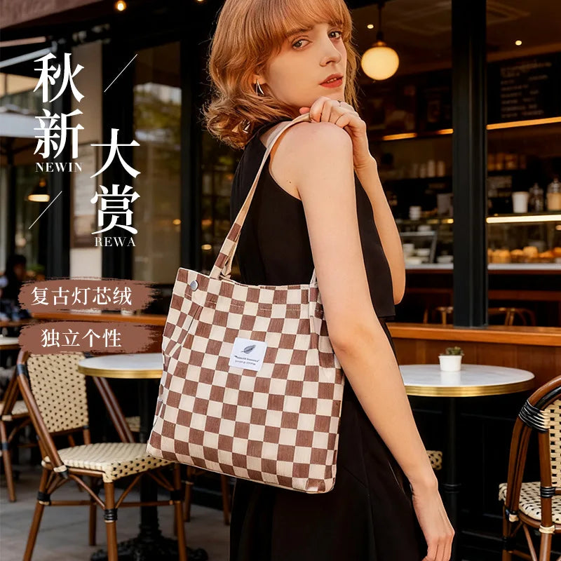 Corduroy Canvas Tote Bag – Minimalist Shoulder Bag for Women