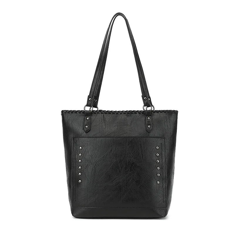 Women Vintage Rivet Faux Leather Tote Shoulder Bag Mini Wristlet Purse Daily Office Travel Shopping