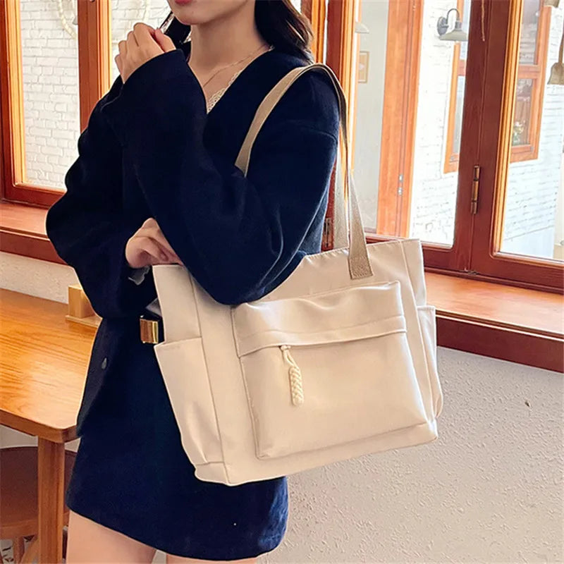 Nylon Tote Bag Multiple Pocket Lightweight Foldable Design Office Commute Shopping Fitness Storage