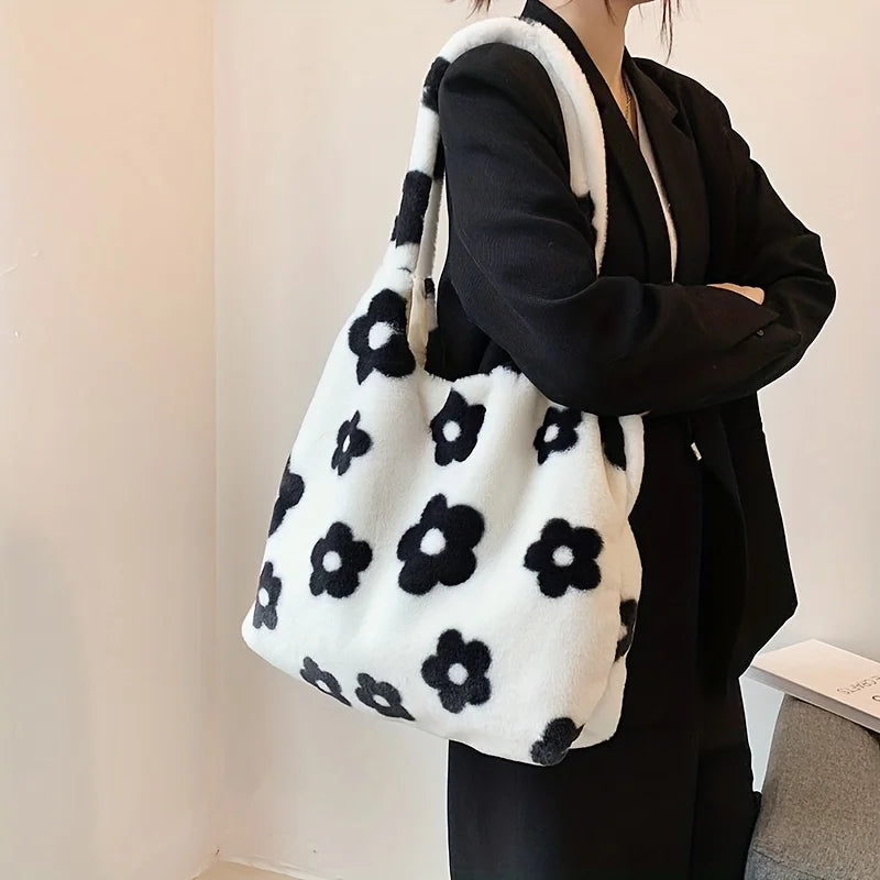 Chic Floral Faux Fur Tote Bag - Soft Plush Shoulder Handbag Women - Soft
