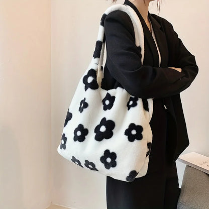 Chic Floral Faux Fur Tote Bag - Soft Plush Shoulder Handbag Women - Soft