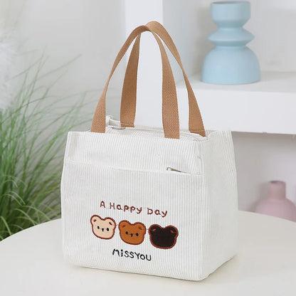 Corduroy Embroidered Bear Tote Bag Stylish Cosmetic Storage Handbag