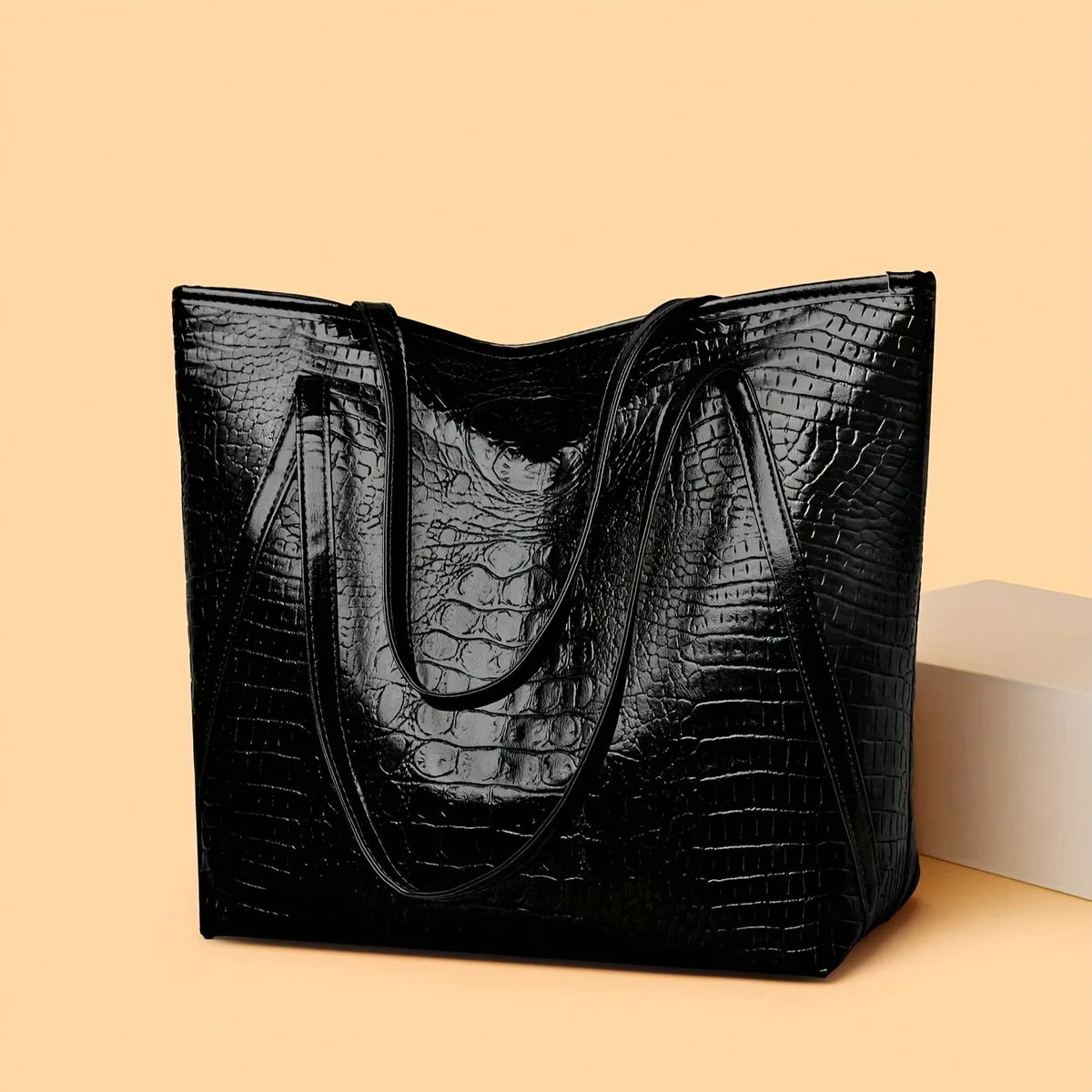 Crocodile Print PU Leather Tote Bag – Large Women's Shoulder Handbag
