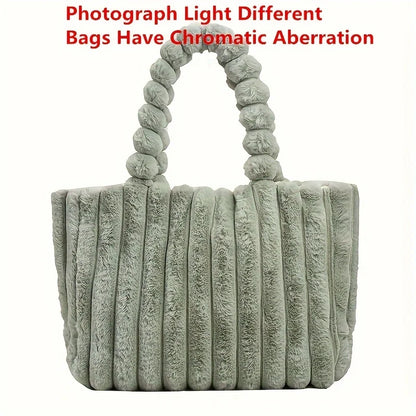 Large Capacity Plush Tote Bag Stiped Faux Fur Shoulder Bag - Soft