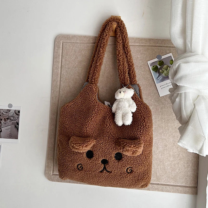 Fluffy Bear Tote Bag Women Cute Plush Shoulder Bag Large Capacity