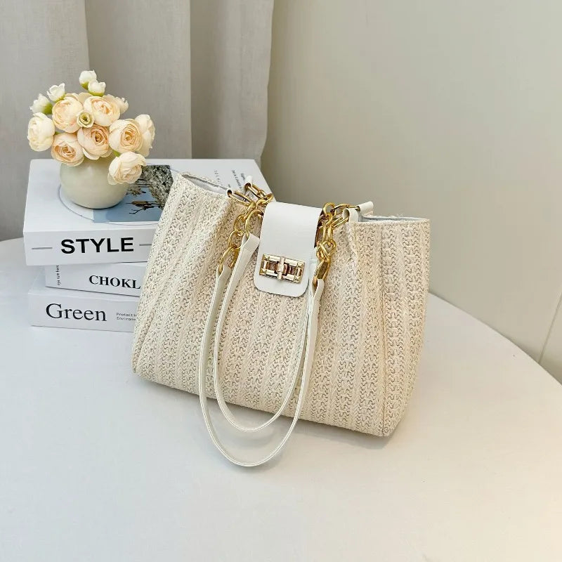 Stylish Straw Leather Tote Bag Gold Chain Grass Woven Women S Handbag Shoulder Bags Beach Days