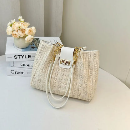 Stylish Straw Leather Tote Bag Gold Chain Grass Woven Women S Handbag Shoulder Bags Beach Days