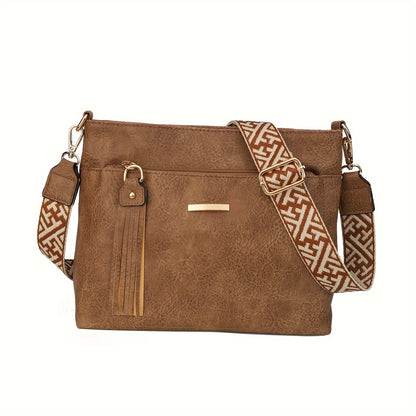Textured Crossbody Bag – Faux Leather Shoulder Bag with Patterned Strap & Tassel Detail