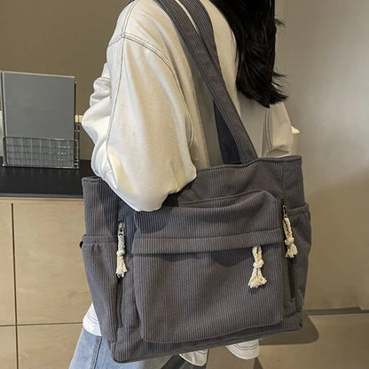Corduroy Tote Bag with Multi Pockets & Tassel Zippers
