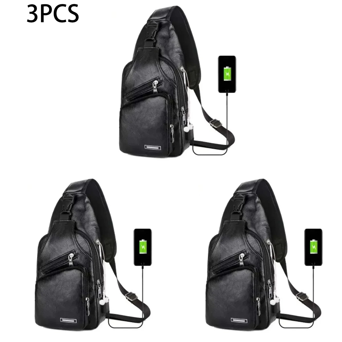 Simple Fashionable Casual Solid Color Pu Multifunctional Usb Charging Zipper Men S Chest Bag