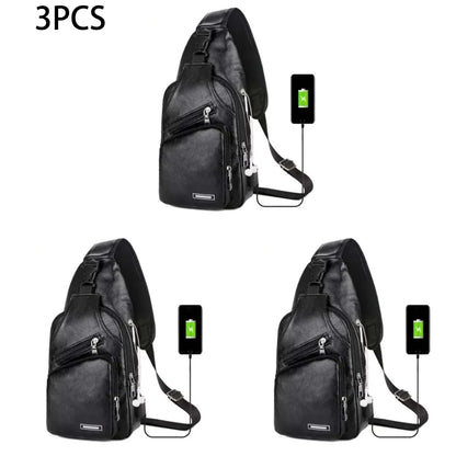 Simple Fashionable Casual Solid Color Pu Multifunctional Usb Charging Zipper Men S Chest Bag
