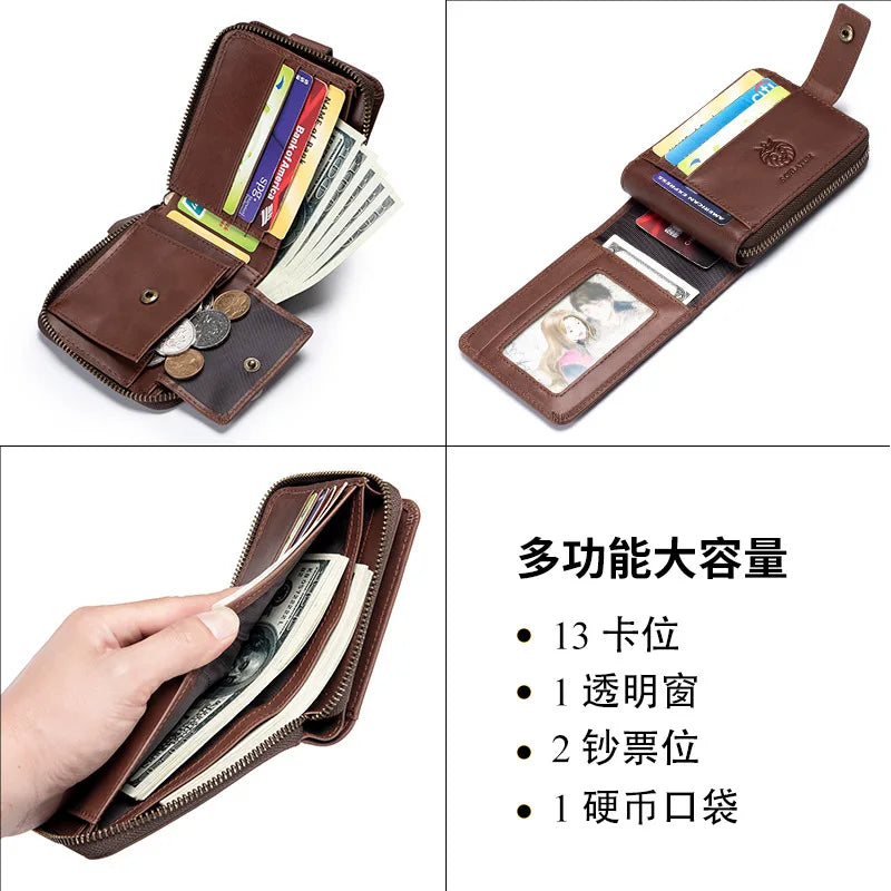 Cowhide Rfid Anti-Theft Brush Genuine Leather Horizontal Wallet