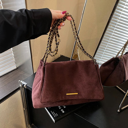 Suede Flap Crossbody Bag – Gold Bar Accent Double Chain Shoulder Purse