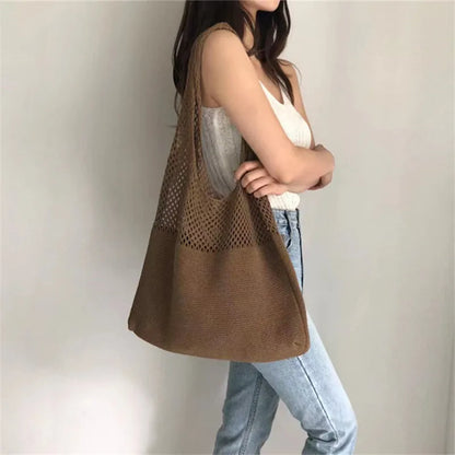 Hollow Out Knitted Handbag Shoulder Bag Solid Color Wool Knitting Bag Commuter Large Capacity