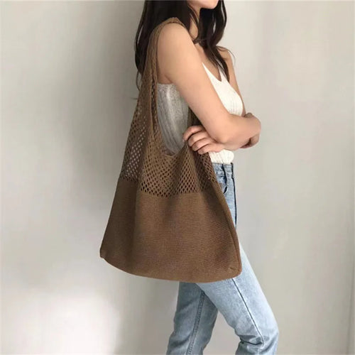Hollow Out Knitted Handbag Shoulder Bag Solid Color Wool Knitting Bag Commuter Large Capacity