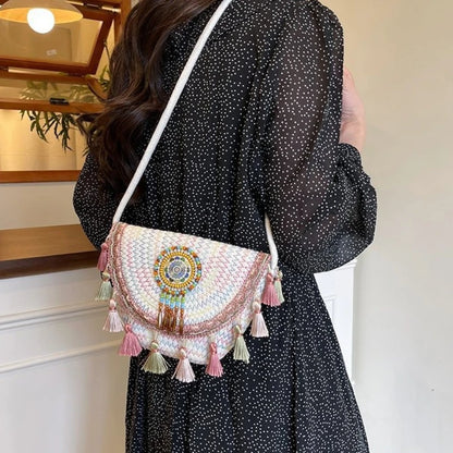 Bohemian Woven Crossbody Bag with Colorful Bead & Tassel