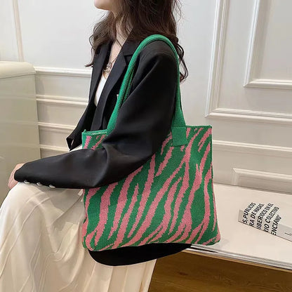 Striped Knitting Bag Commuter Large Capacity Tote Bags Woven Handbag Shoulder Bag Women Daily Use