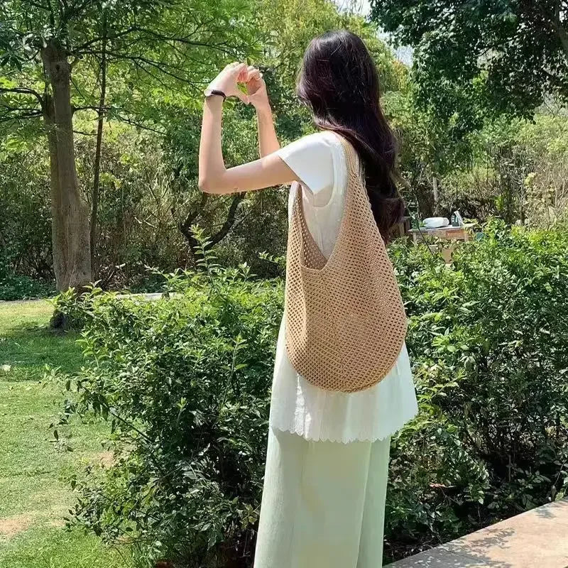 Women S Hollow Woven Shoulder Bags Large Capacity Knitting Underarm Bag Solid Crochet Tote Handbag