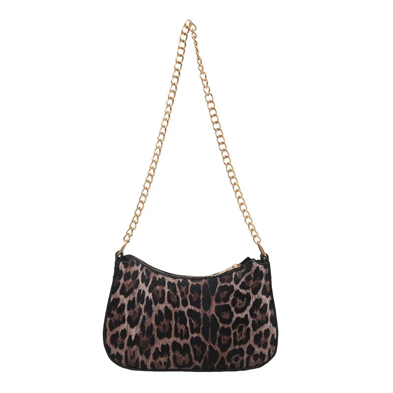 Leopard Print Half Moon Bag with Gold Chain Strap