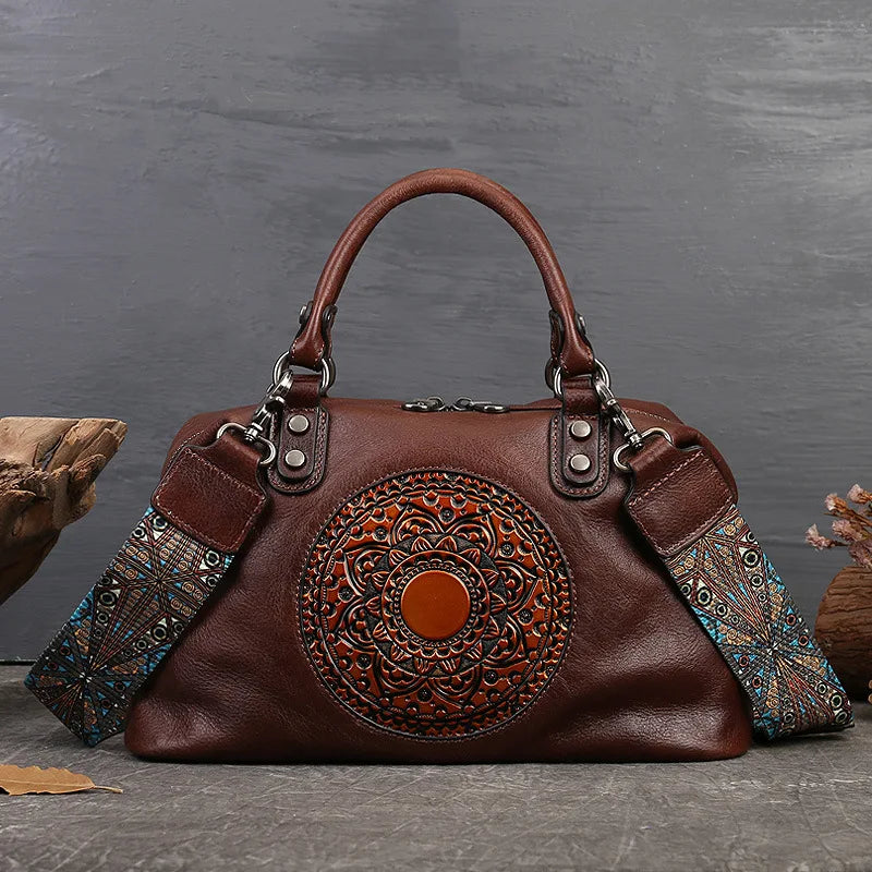 Embossed Totem Tote Bag Top-Grain Cowhide Commuter Handbag Large-Capacity Handcrafted