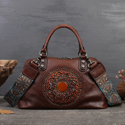 Embossed Totem Tote Bag Top-Grain Cowhide Commuter Handbag Large-Capacity Handcrafted