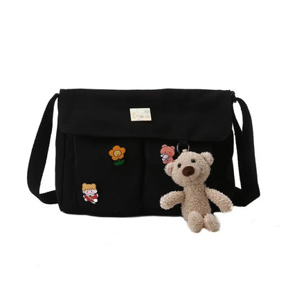 Cute Canvas Crossbody Bag for Women with Cartoon Badge Pins