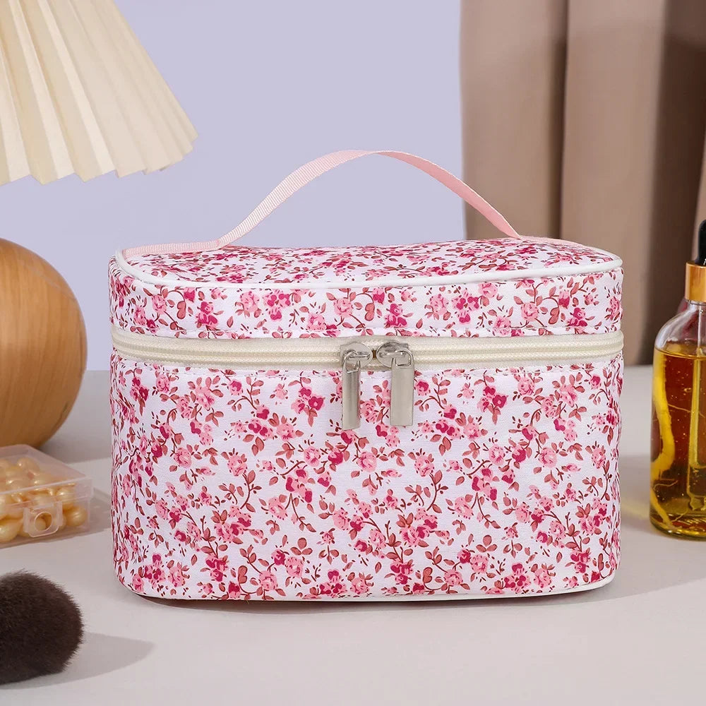 Women Cotton Makeup Bags Vintage Cosmetic Case Flower Large Capacity Tote Portable Storage Handbag
