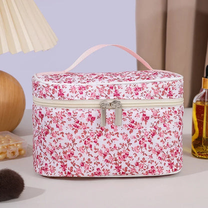 Women Cotton Makeup Bags Vintage Cosmetic Case Flower Large Capacity Tote Portable Storage Handbag
