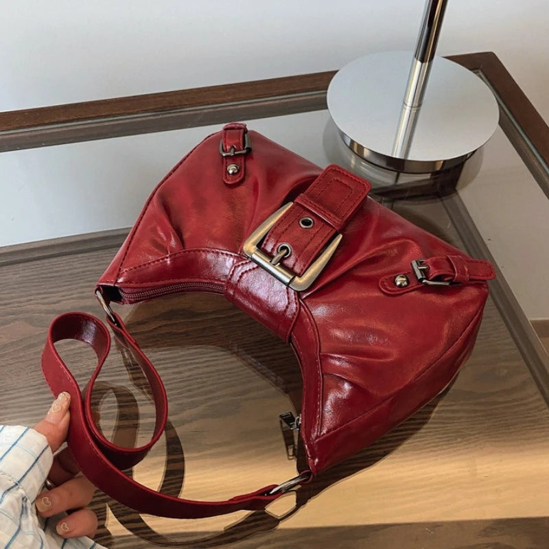 Hobo Shoulder Bag – Retro Faux Leather with Buckle Detail