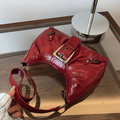 Hobo Shoulder Bag – Retro Faux Leather with Buckle Detail