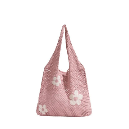 Crochet Flower Mesh Tote Bag - Summer Knitted Shoulder Handbag